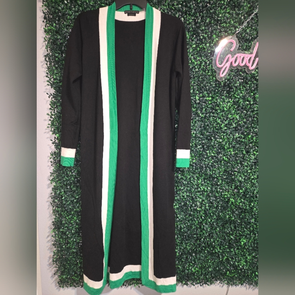 MINT Alice + Olivia Long Cardigan Sweater Black Green Cream Small